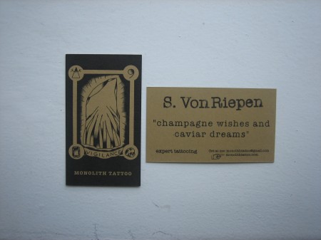 Here are the cards I designed for Monolith Tattoo. My boy SVR's brand.